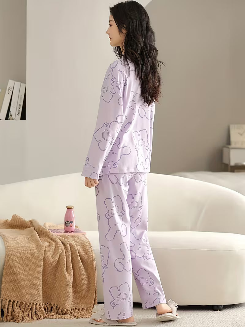 Lilac Love Bunny Printed V-Neck Button Printed Night Suit