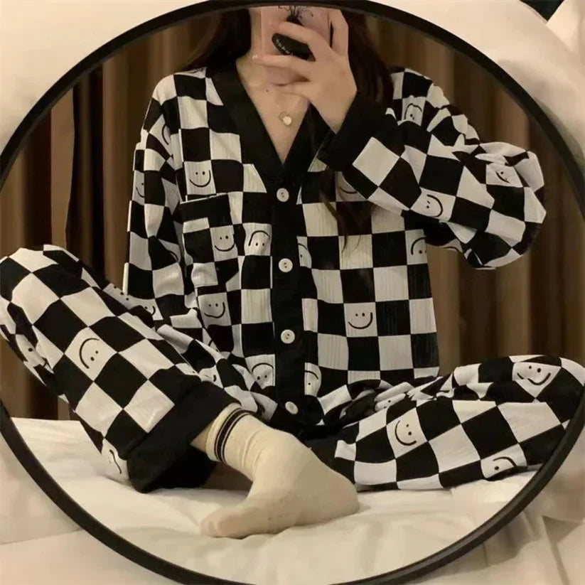 White with Black Smiley Printed V-Neck Button Printed Night Suit