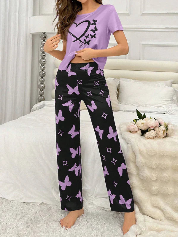 Purple Heart & Butterfly Printed Night Suit