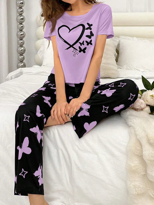 Purple Heart & Butterfly Printed Night Suit