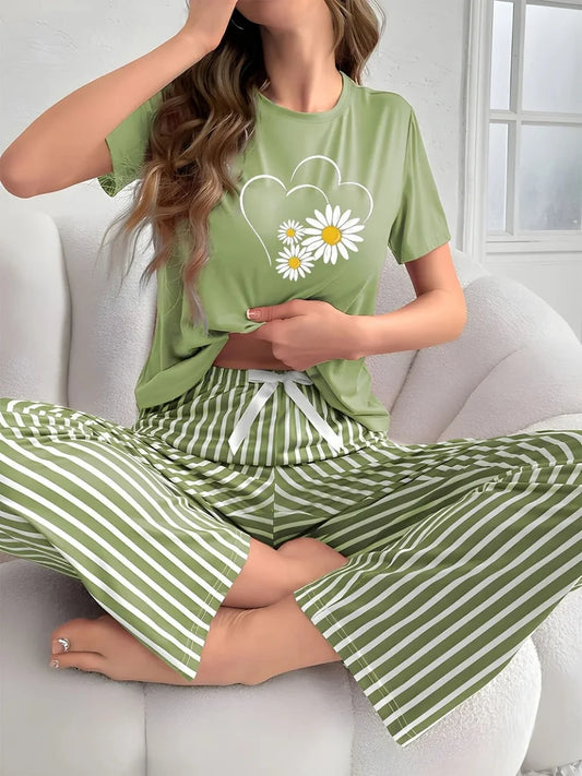 Green Sunflowers Heart Printed Night Suit