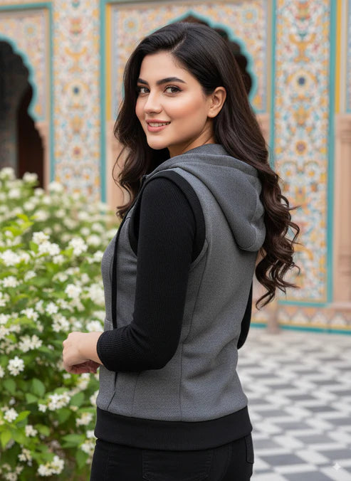 Charcoal Sleeveless Hooded Zipper For Women