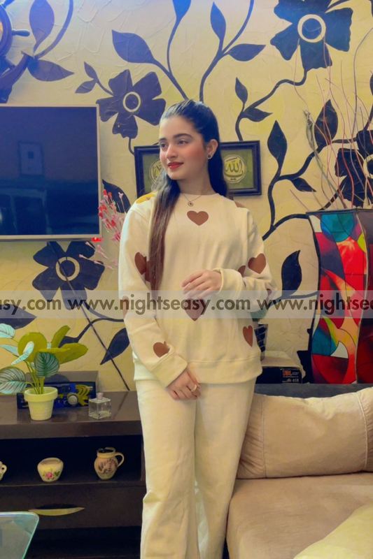 White with Camel Heart Printed Fleece Co-ords Set