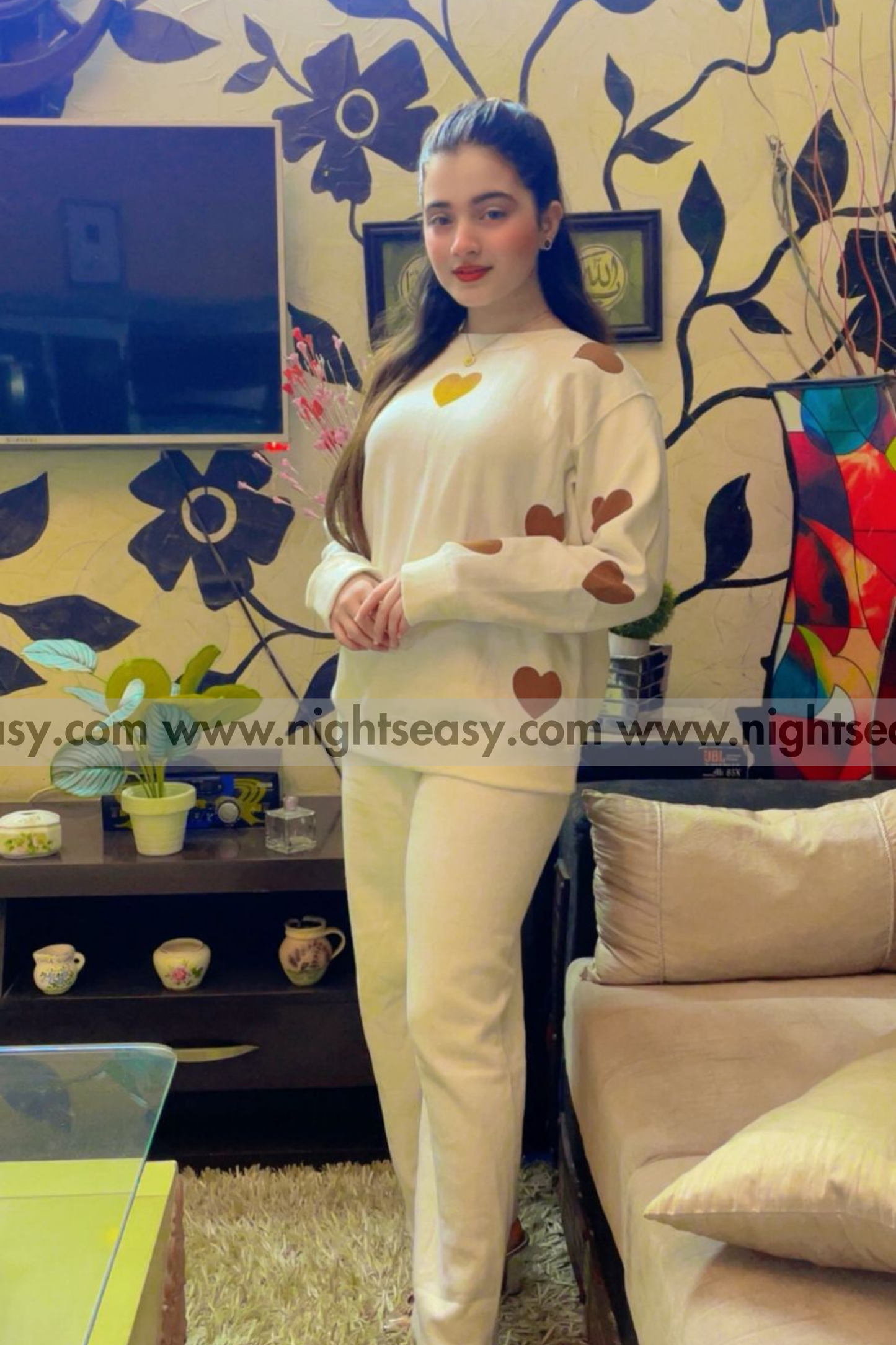 White with Camel Heart Printed Fleece Co-ords Set