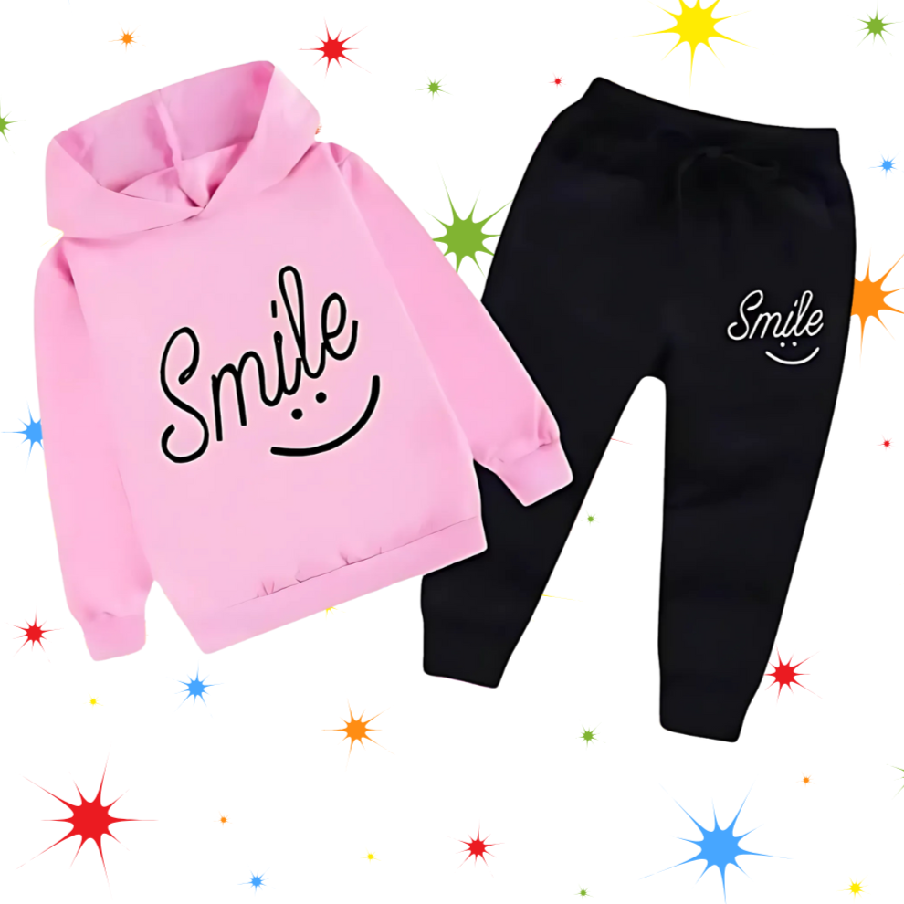 Pink Smiley Printed Hoodie With Trouser For Kids