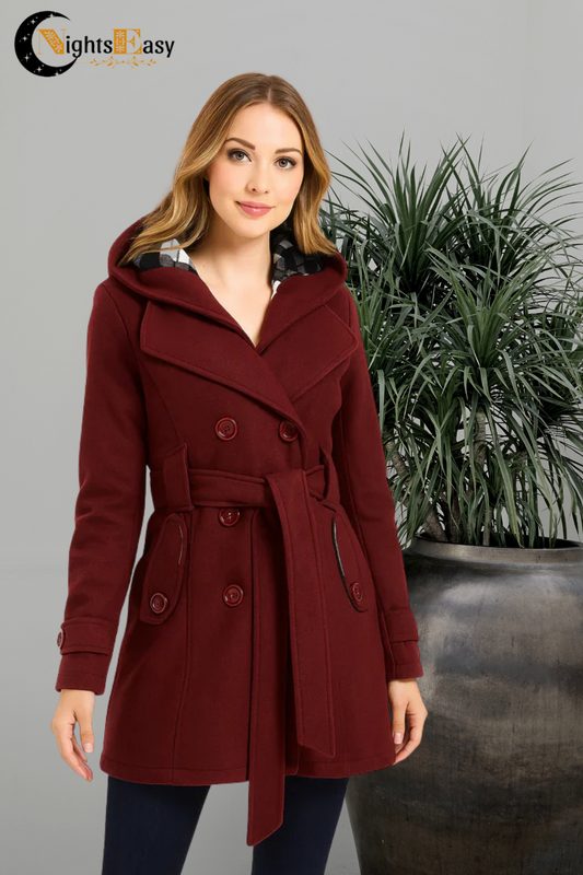 Maroon Women's Lace Trim Trench Coat Style Jacket