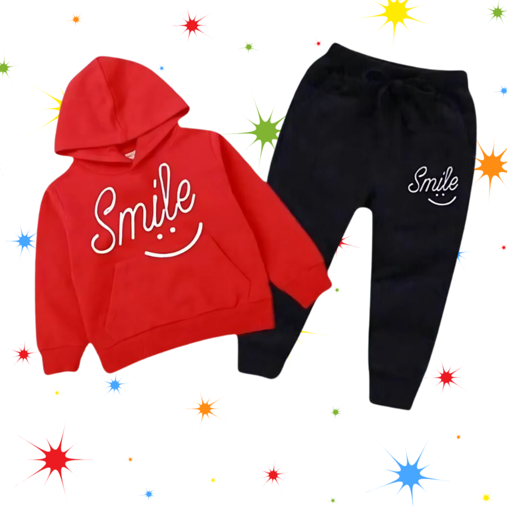 Red Smiley Printed Hoodie With Trouser For Kids