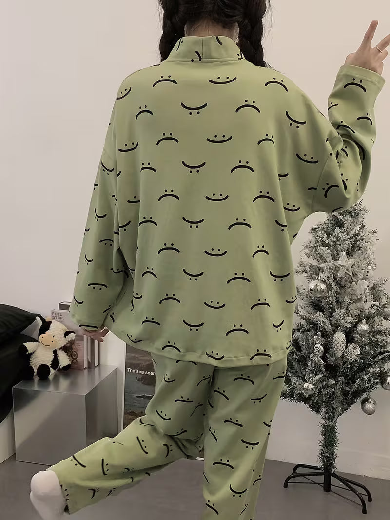 Green Autumn Smiley V-Neck Button Printed Night Suit