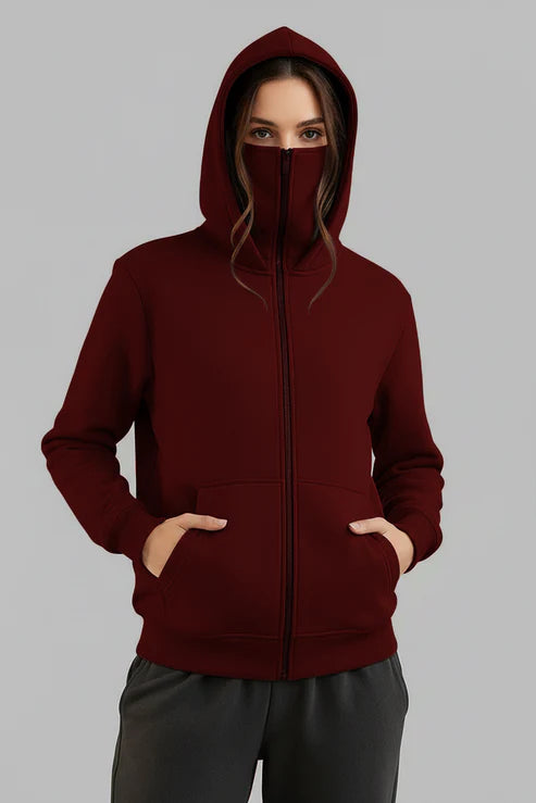 Maroon Balaclava Ninja Zipper Hoodie Jacket For Women
