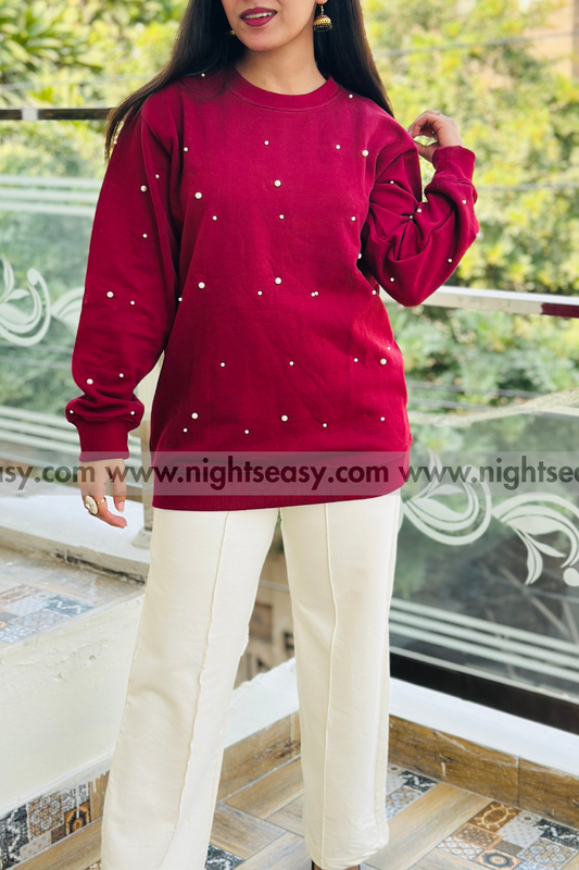Maroon Pearls Beaded Sweatshirt For Women