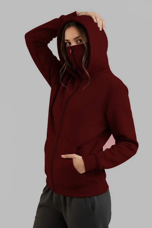 Maroon Balaclava Ninja Zipper Hoodie Jacket For Women