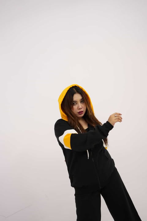 Black with Yellow and White Stripes Zipper Hoodie For Women