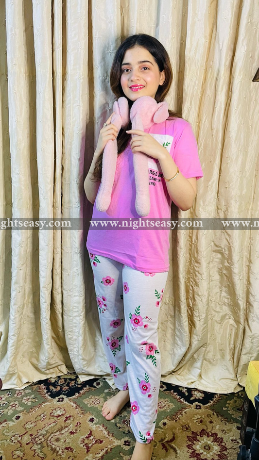 Dark Pink Pocket Printed Night Suit