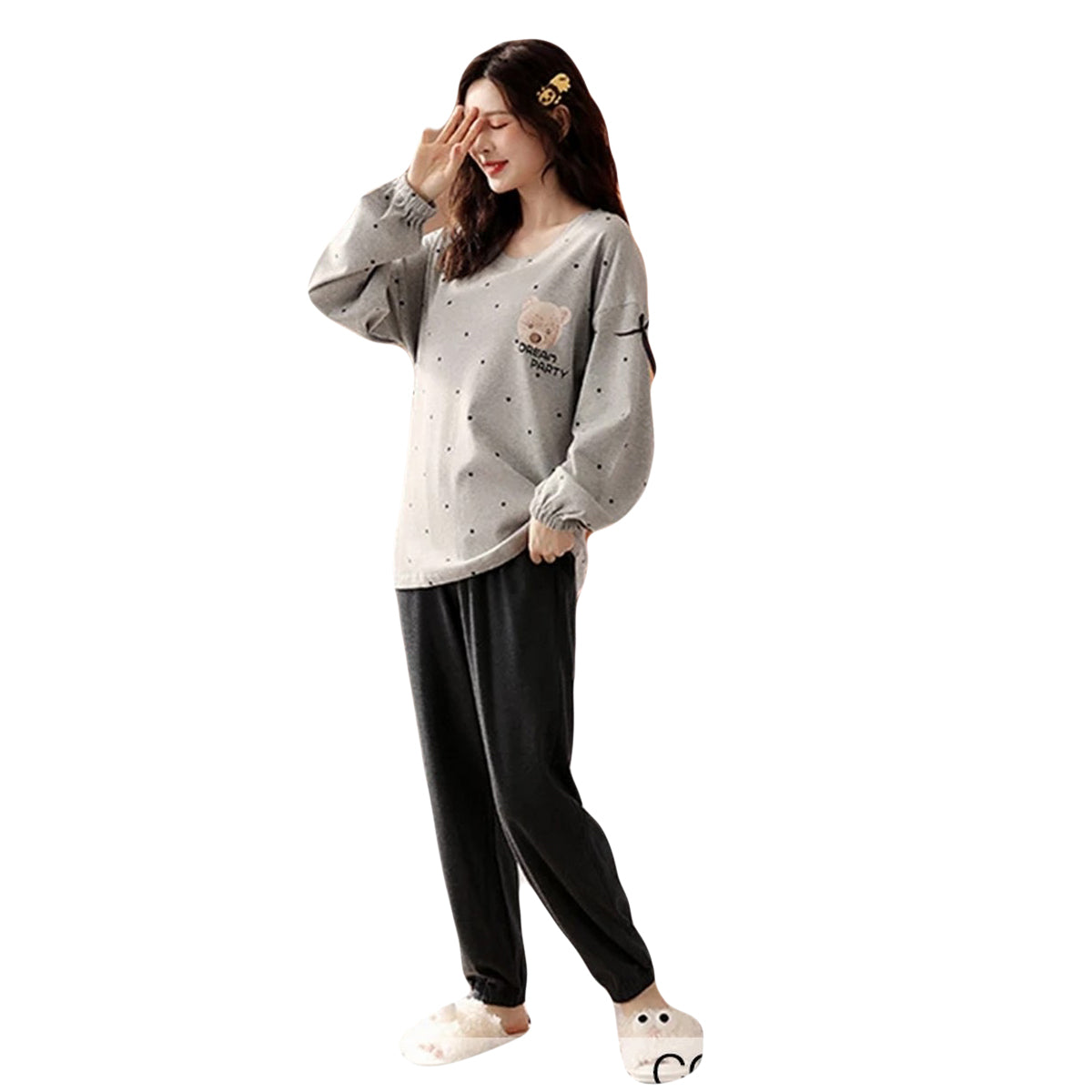 Gray Bear Printed Night Suit
