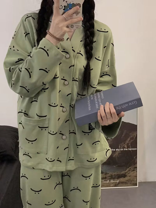 Green Autumn Smiley V-Neck Button Printed Night Suit