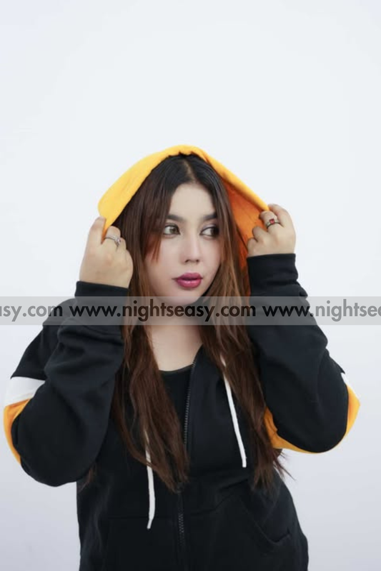 Black with Yellow and White Stripes Zipper Hoodie For Women