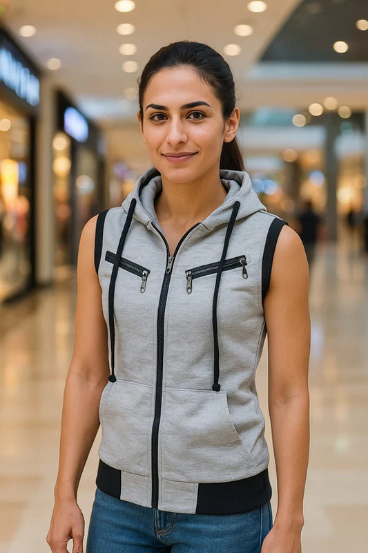 Grey Sleeveless Hooded Zipper For Women