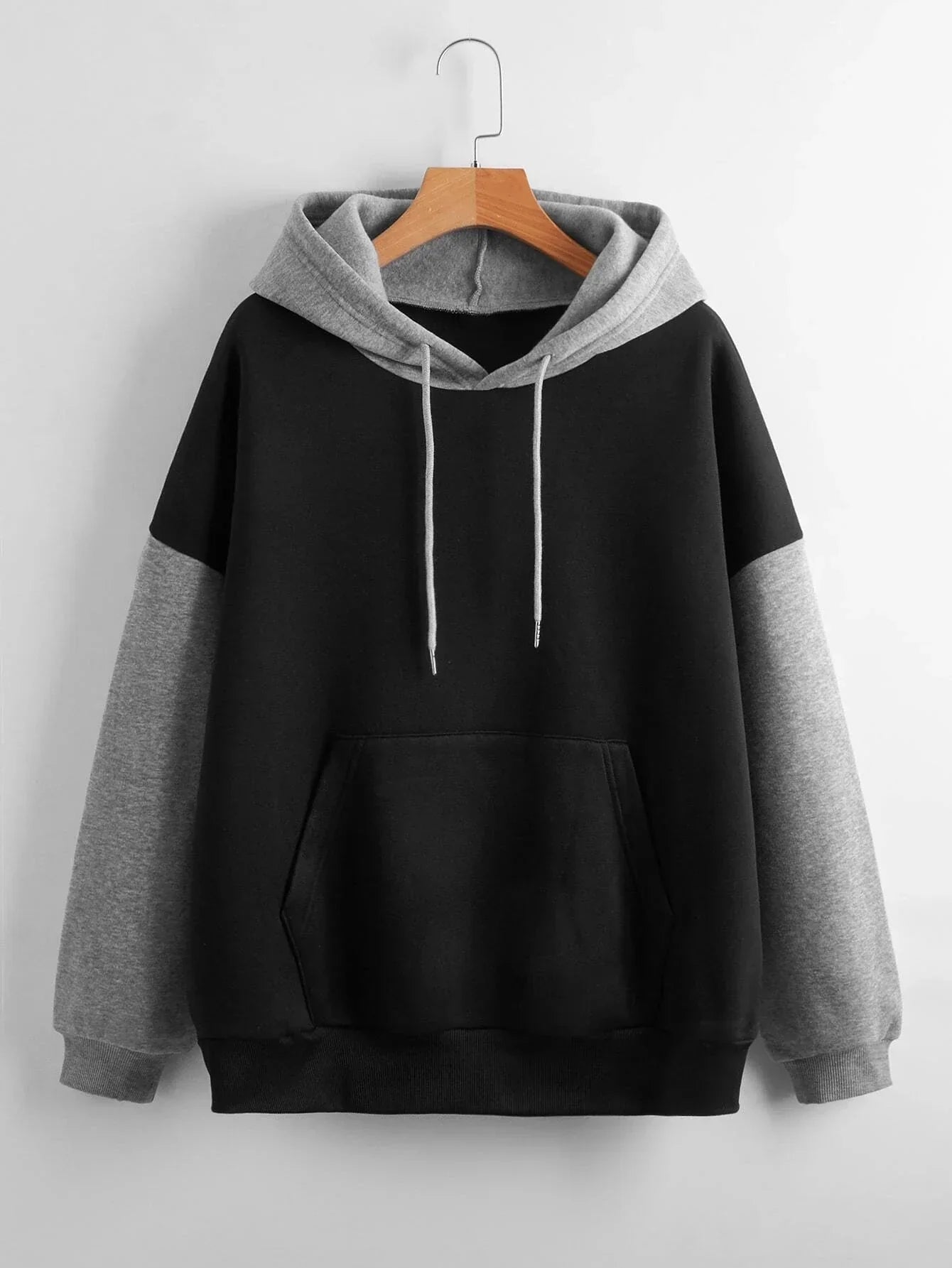 Black With Grey Basic Kangaroo Hoodie For Women