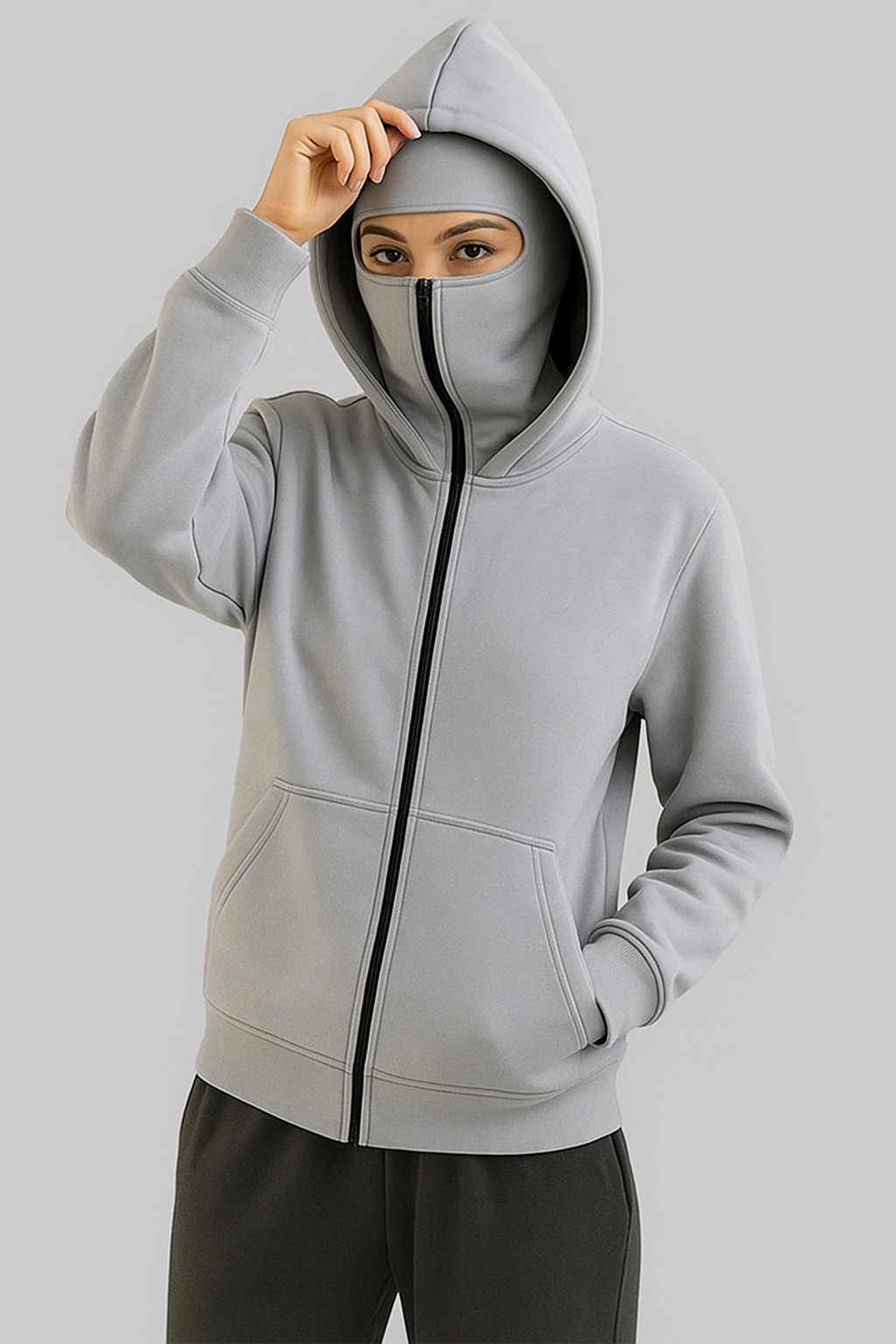 Couple Grey Balaclava Ninja Zipper Hoodie Jacket