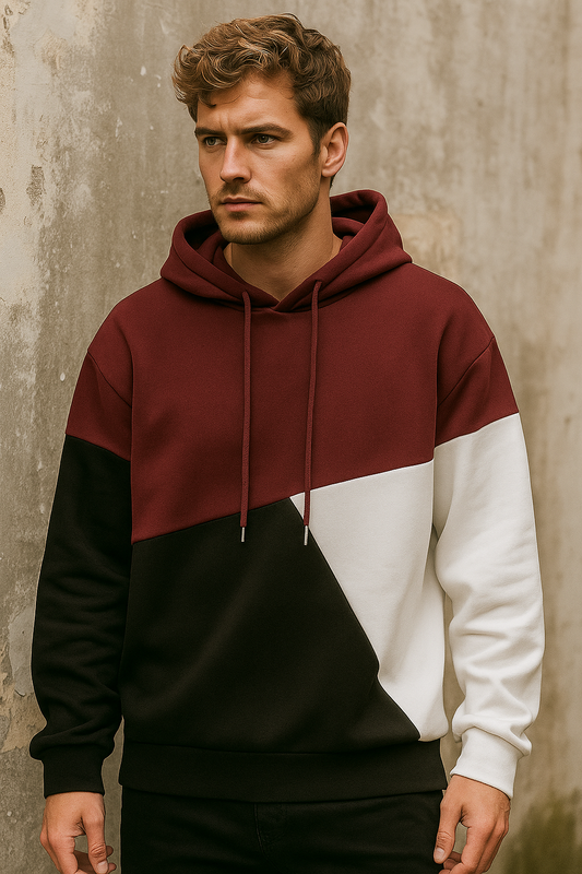 Maroon Black and White Cut and Sew Kangaroo Hoodie