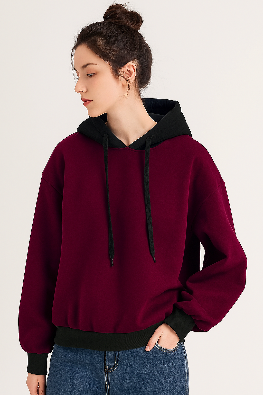 Maroon With Black Basic Kangaroo Hoodie For Women
