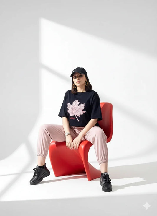 Pink Maple Leaf Printed Night Suit & Track Suit