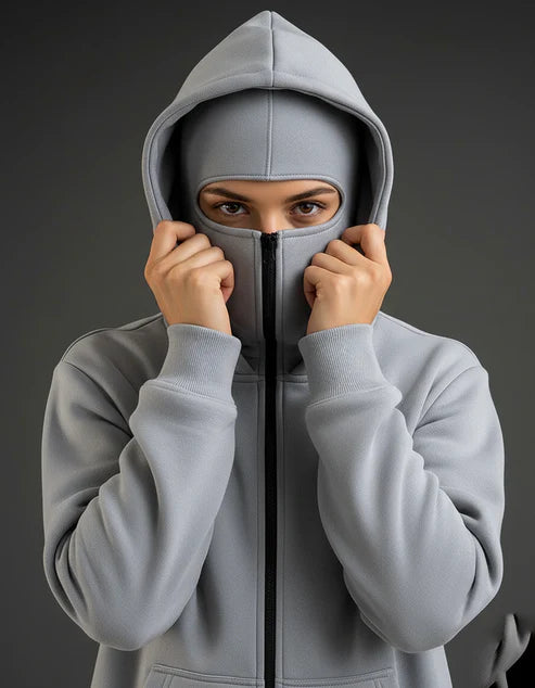 Grey Balaclava Ninja Zipper Hoodie Jacket For Women