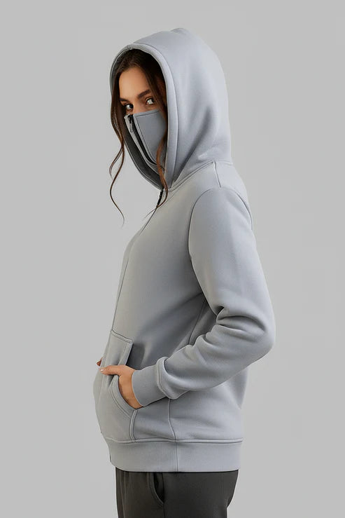 Grey Balaclava Ninja Zipper Hoodie Jacket For Women