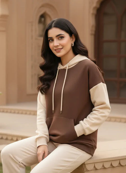 Brown & Cream Hoodie For Women