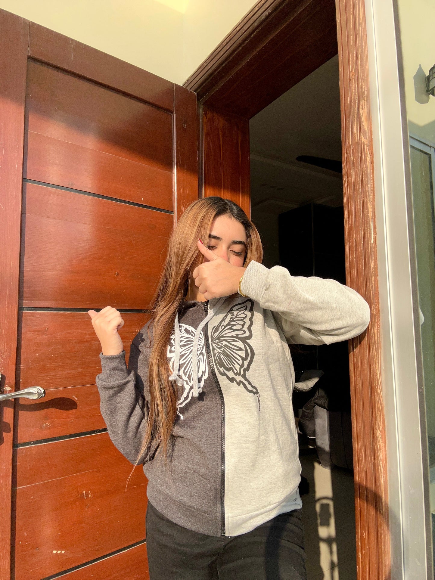 Charcoal With Grey Butterfly Zipper Hoodie