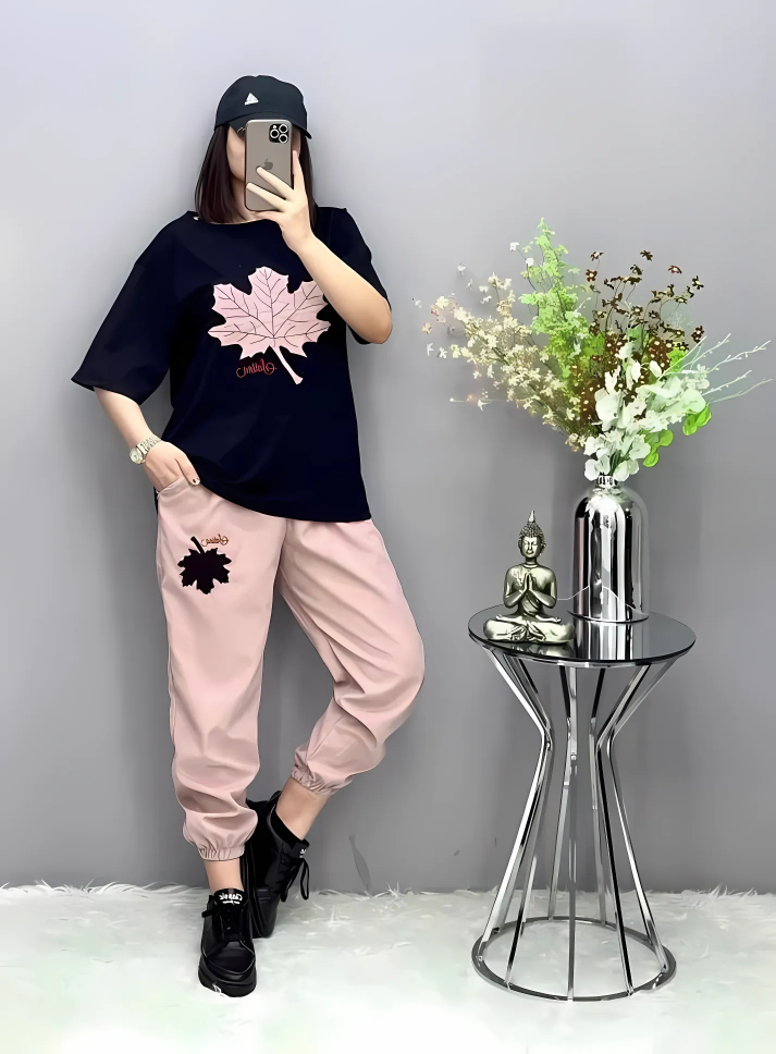 Pink Maple Leaf Printed Night Suit & Track Suit
