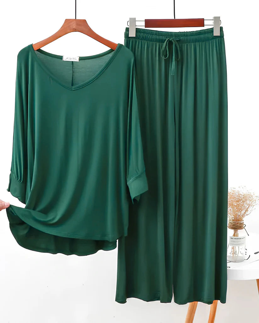 Dark Green V-Neck Plazo Night Suit