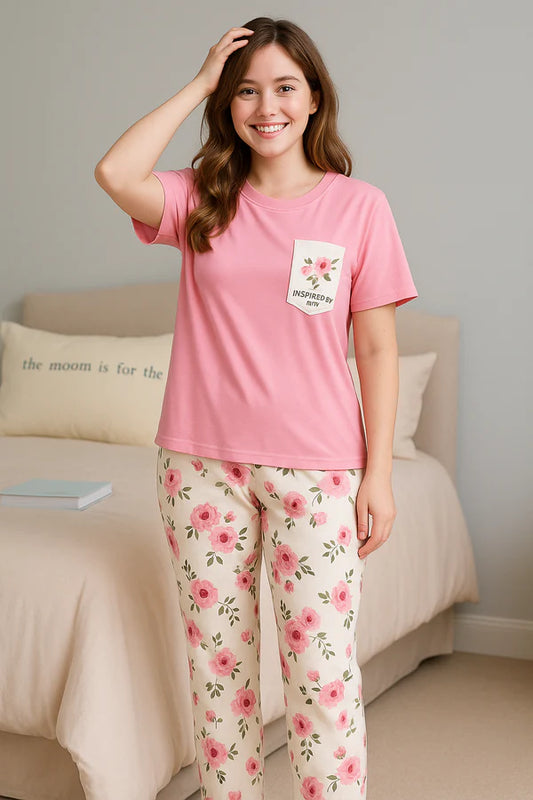 Pink Pocket Printed Night Suit