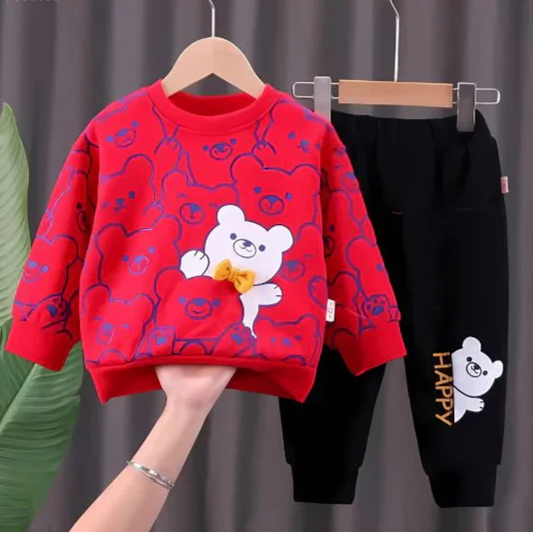 Red Bears Print Sweatshirt With Trouser For Kids (2 Piece)