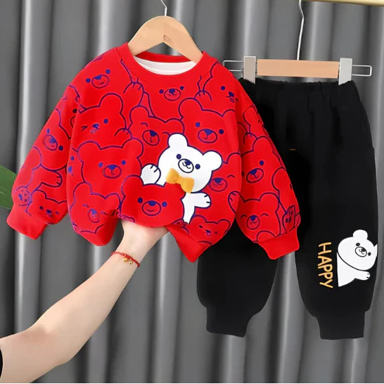 Red Bears Print Sweatshirt With Trouser For Kids (2 Piece)