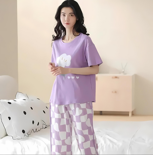 Purple Flower Printed Night Suit