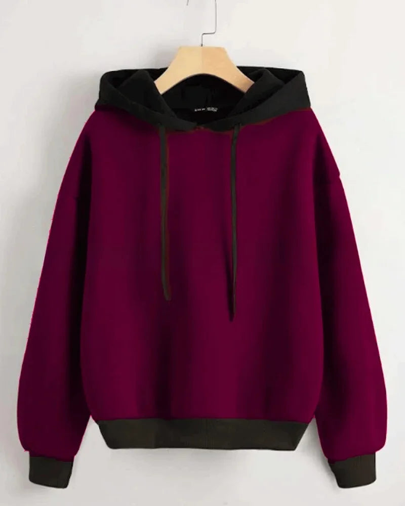 Maroon With Black Basic Kangaroo Hoodie For Women