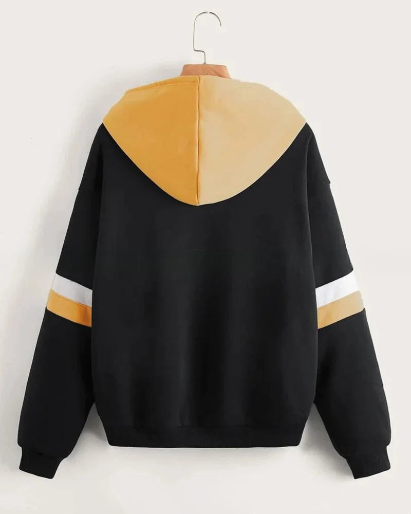 Black with Yellow and White Stripes Zipper Hoodie For Women