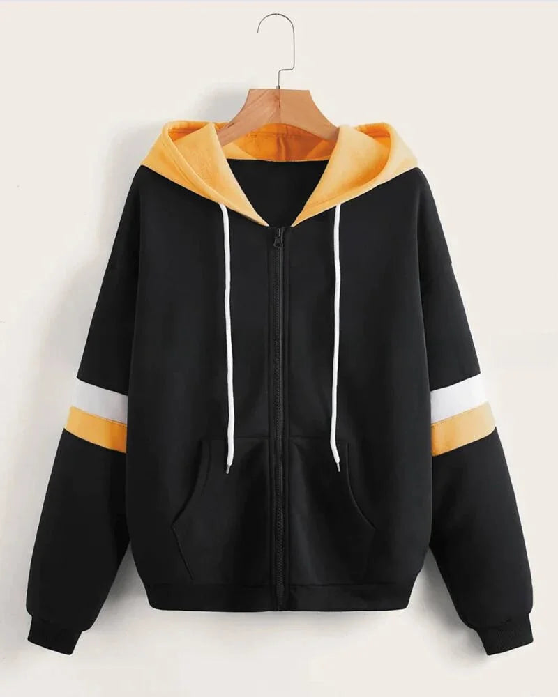Black with Yellow and White Stripes Zipper Hoodie For Women