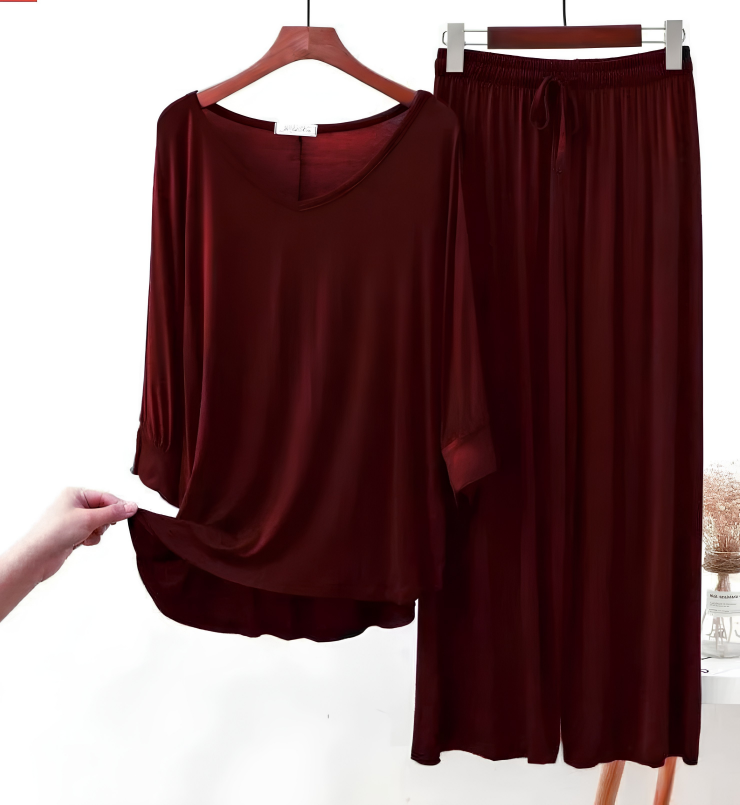 Maroon V-Neck Plazo Night Suit
