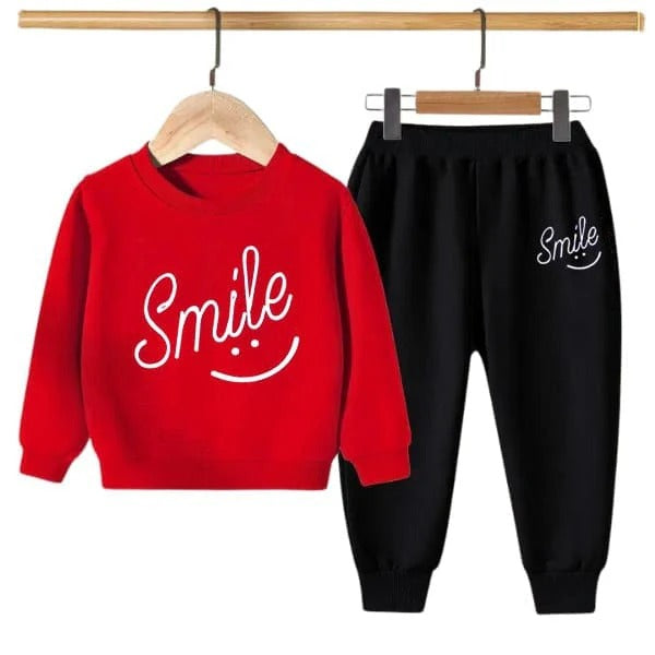Red Smiley Printed Sweatshirt With Trouser For Kids