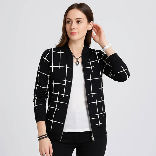 Black Printed Zipper Jacket For Women