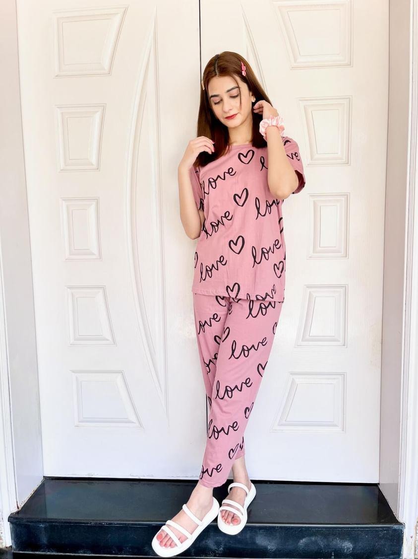 T-Pink Love Heart Printed Night Suit