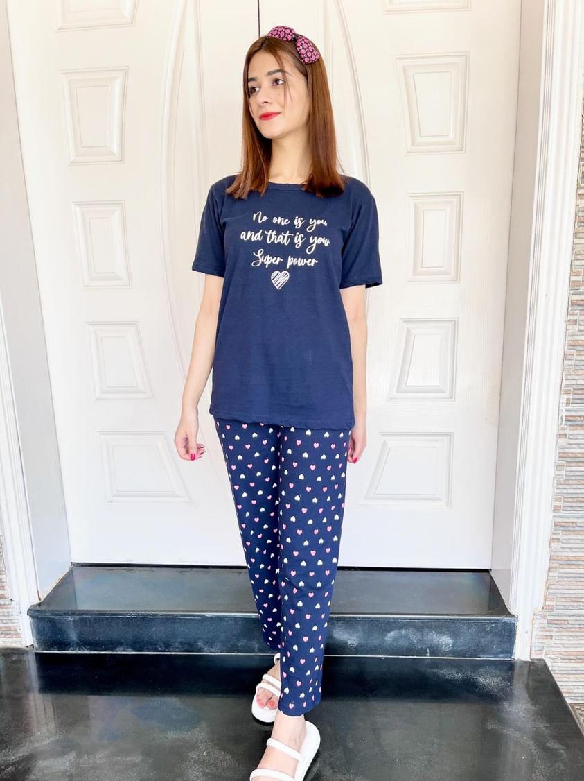 Blue Heart Printed Night Suit