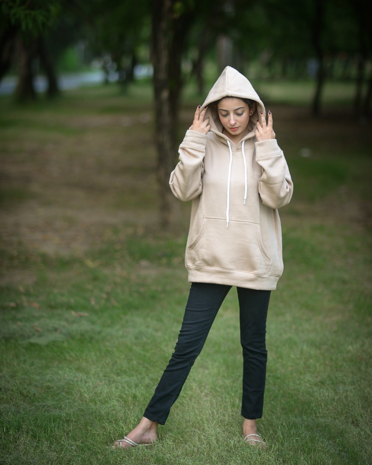Beige Basic Kangaroo Hoodie for Women