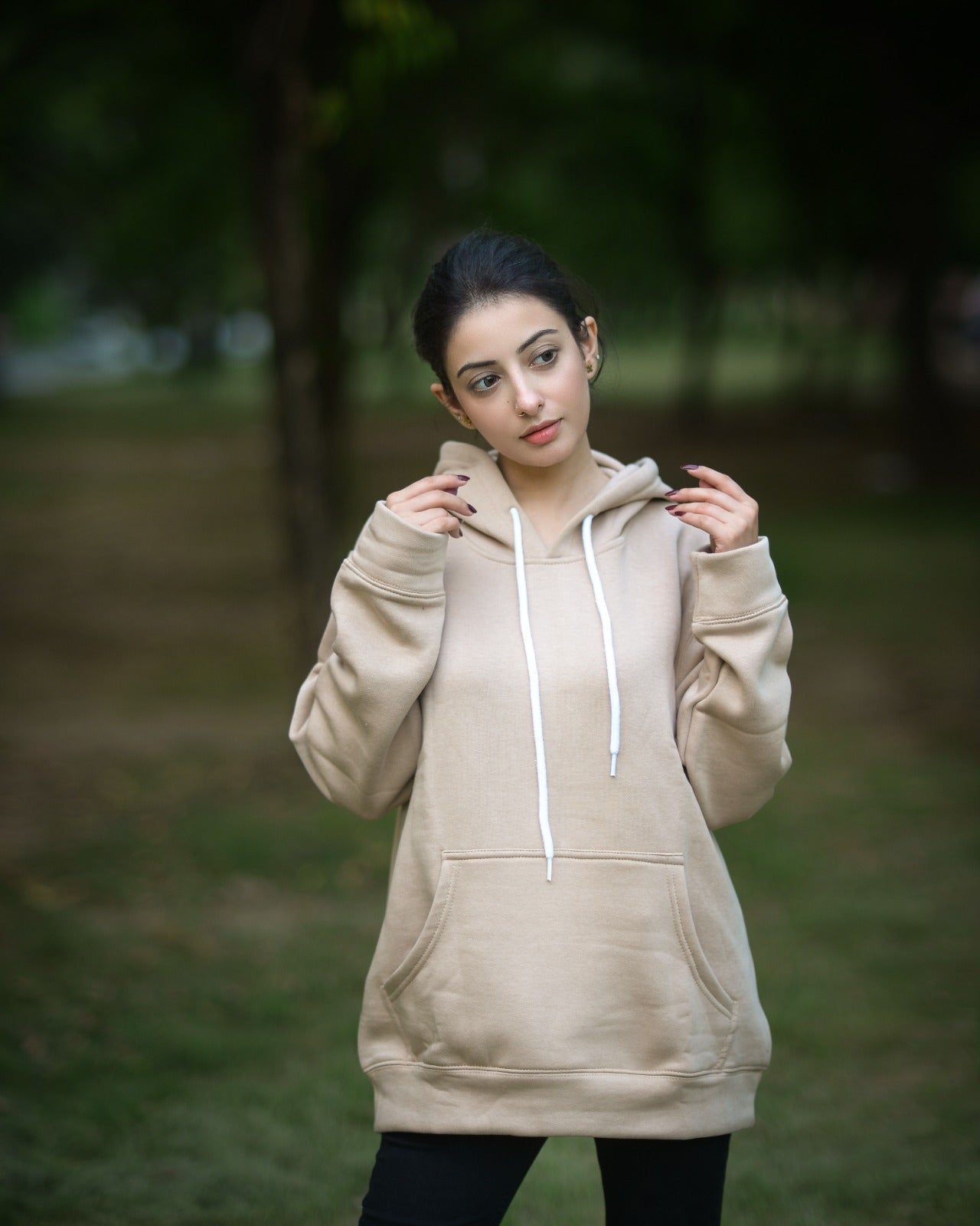 Beige Basic Kangaroo Hoodie for Women