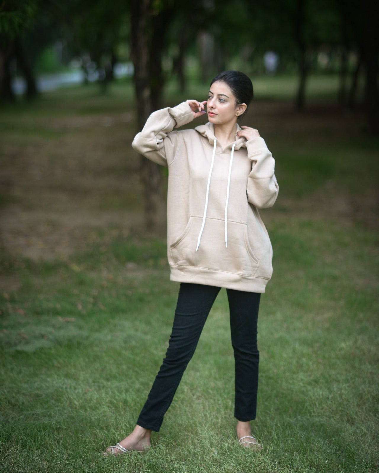 Beige Basic Kangaroo Hoodie for Women