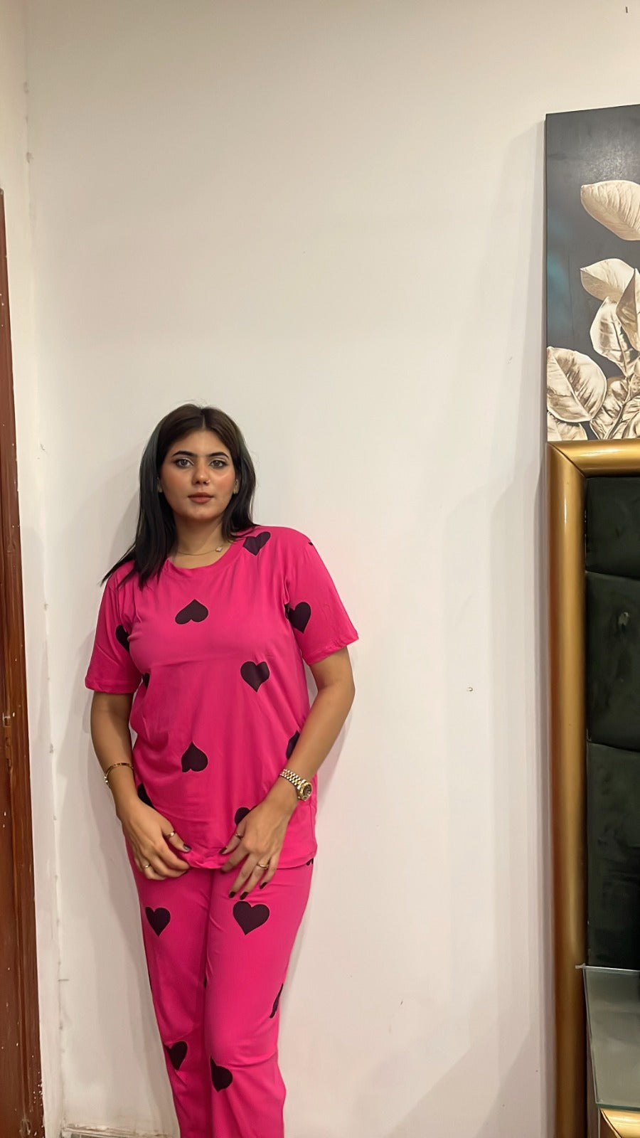 Black Multi Hearts Pink Printed Night Suit