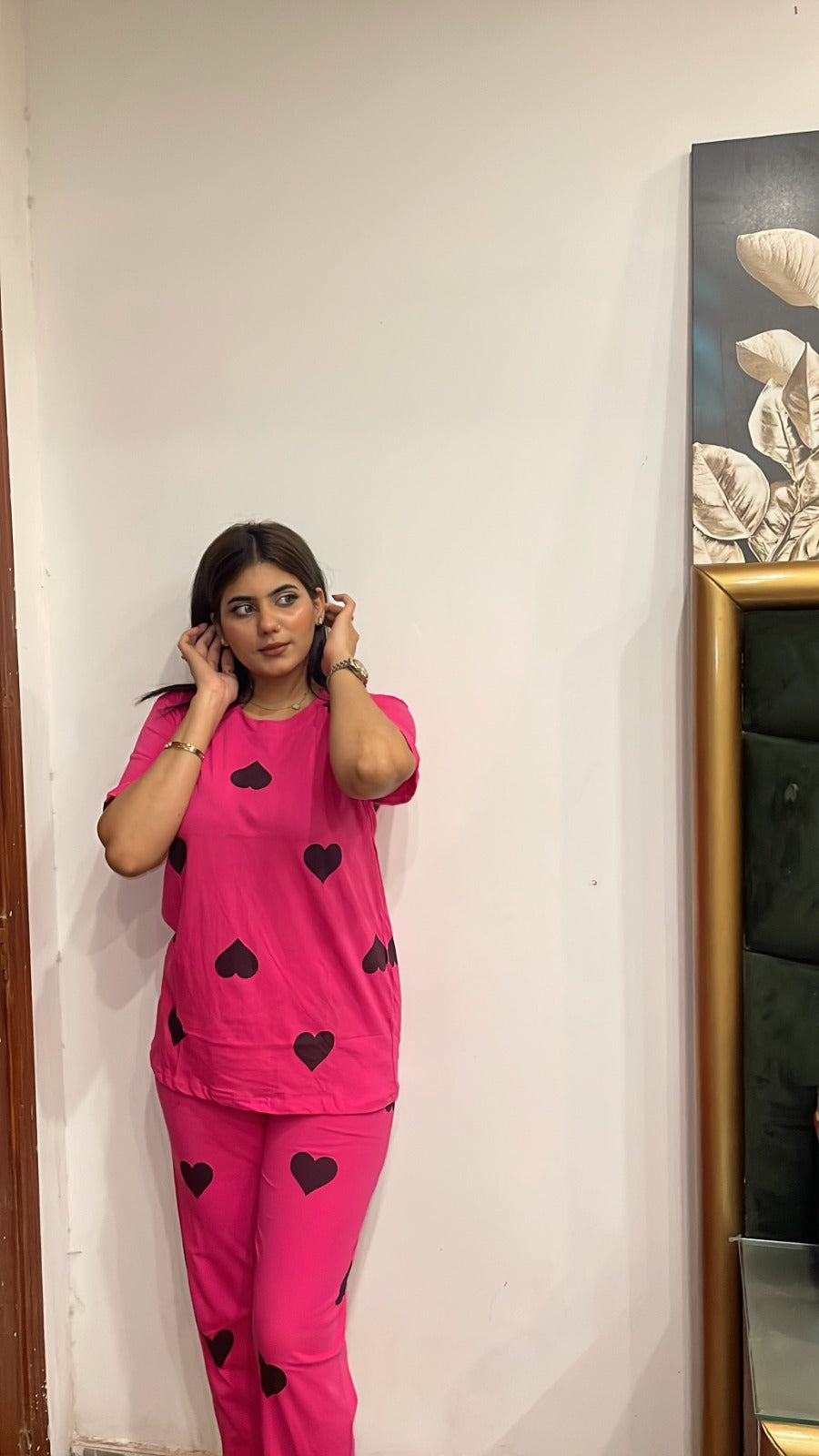 Black Multi Hearts Pink Printed Night Suit