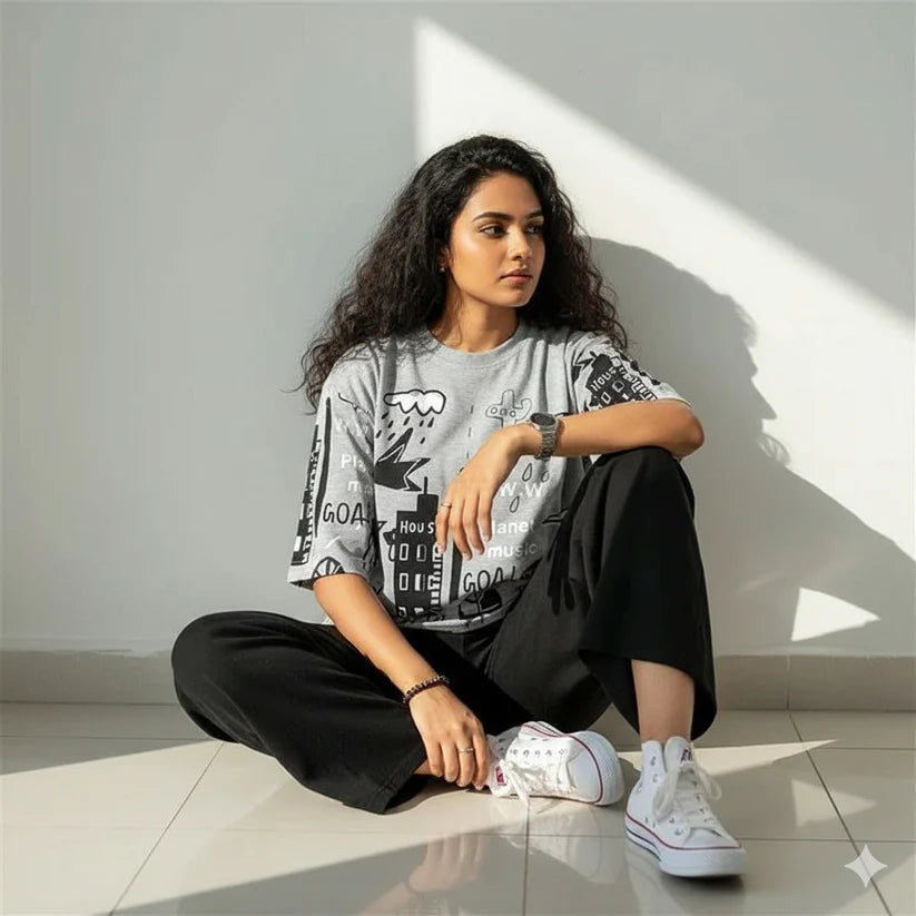 Grey Planet Music With Black Pajama Printed Night Suit